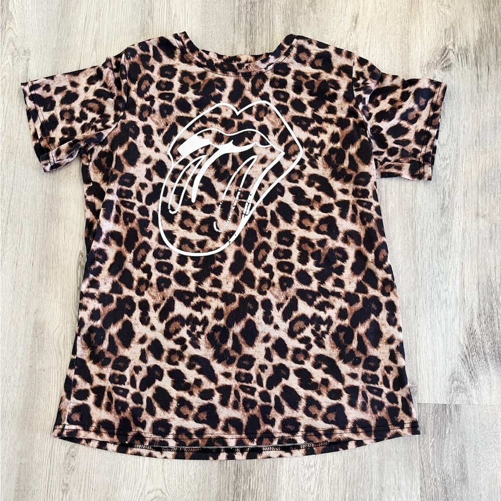 Rolling Stone Tongue Graphic T-shirt Leopard Print